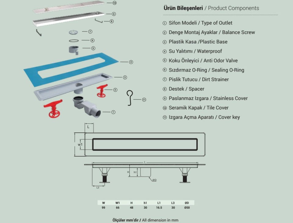 Seramik Uyumlu 33 cm Duş Kanalı