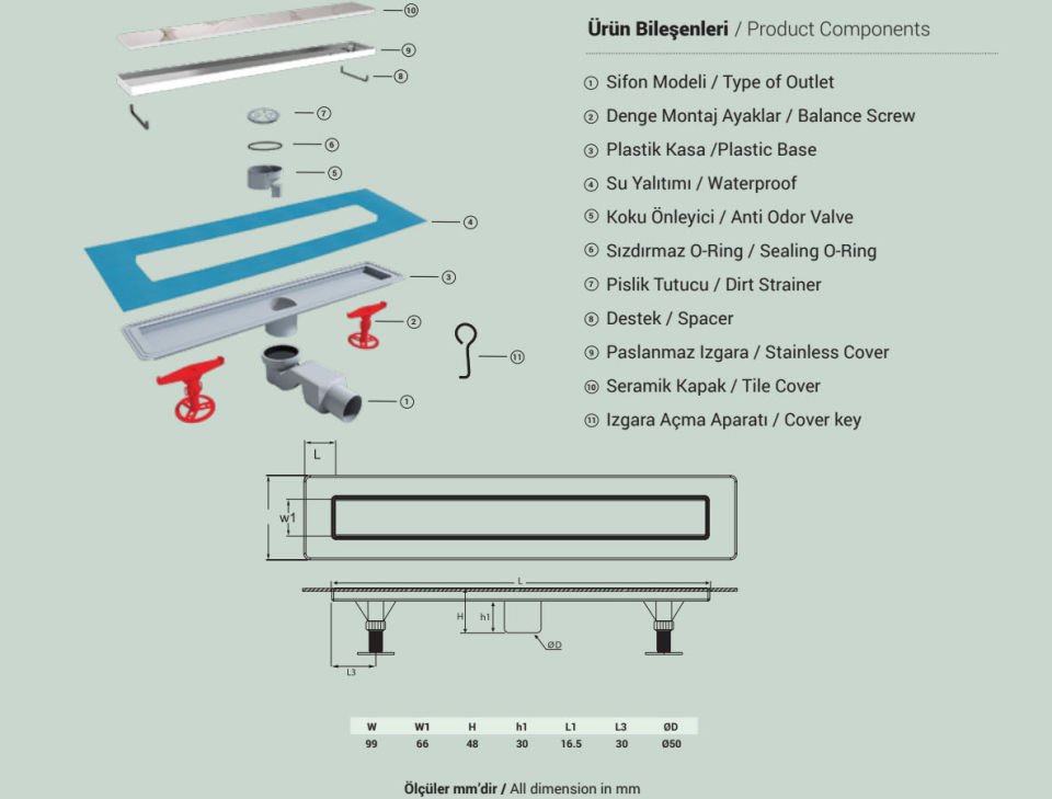 Seramik Uyumlu 50 cm Duş Kanalı